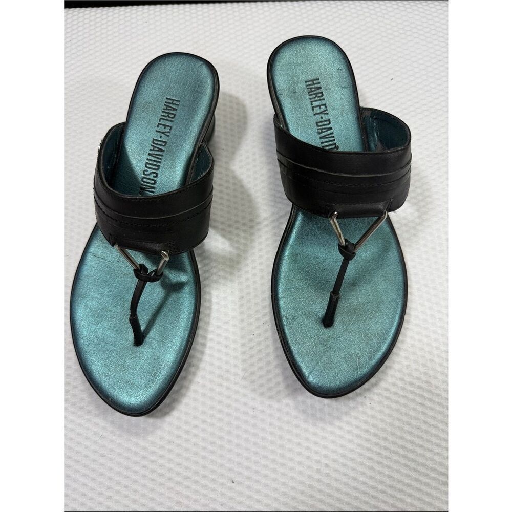 Harley-Davidson Teal Metallic and Black Leather Toe-Post Sandals